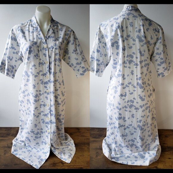 Vintage Marjorie Prairie Maxi White & Periwinkle Blue Parsley Toteme Style Smock - Picture 1 of 12